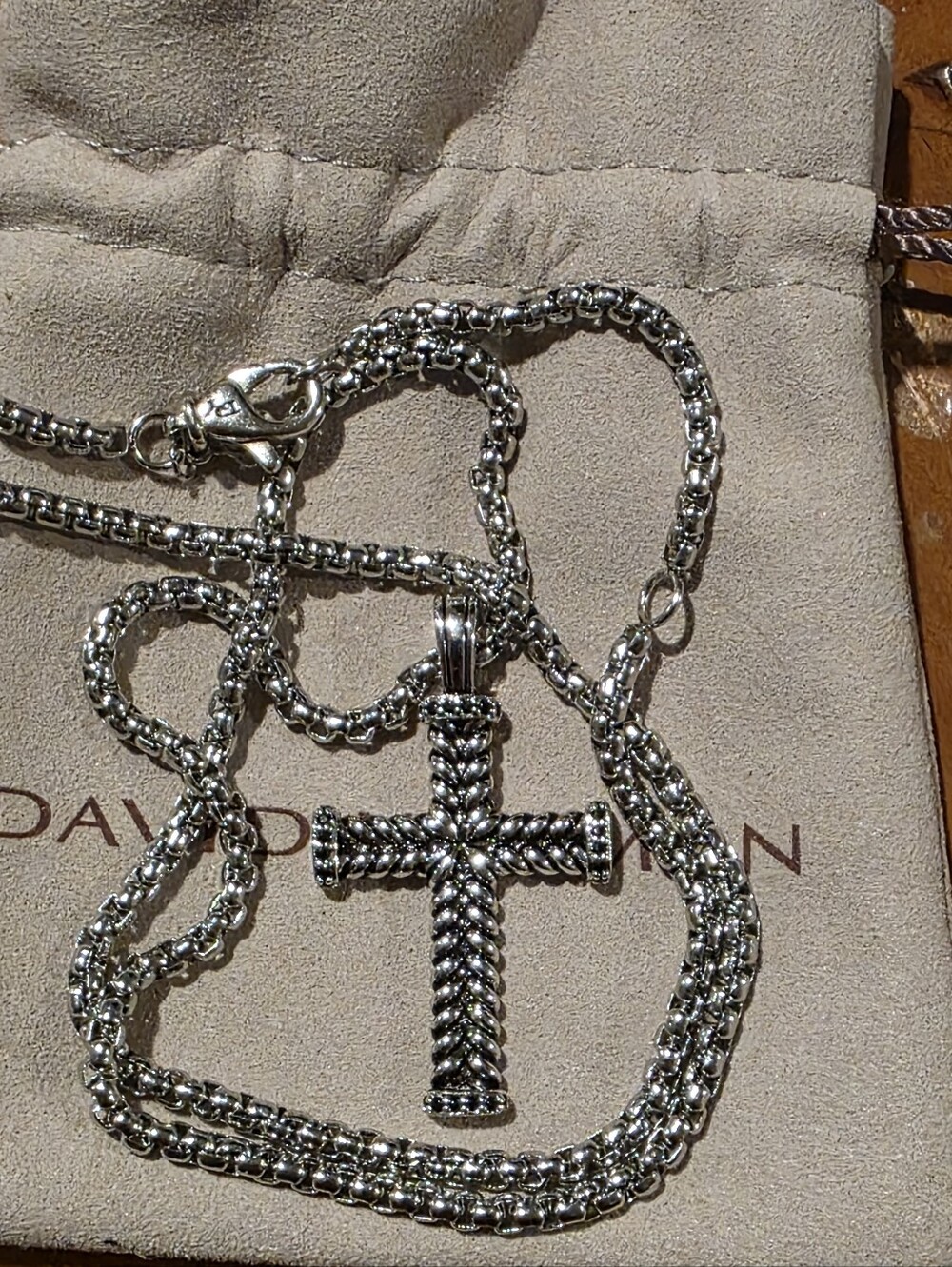 David Yurman Chevron Silver Cross Pendant With Black Pave Diamonds Necklace